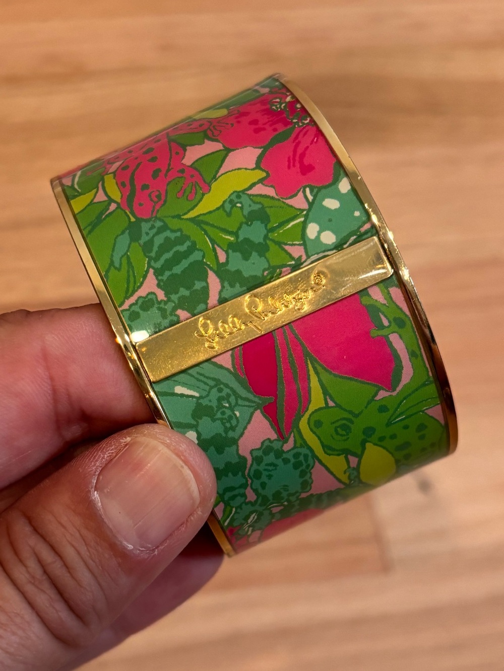 Lilly Pulitzer tropical wide band bracelet pink & green frog and floral pattern